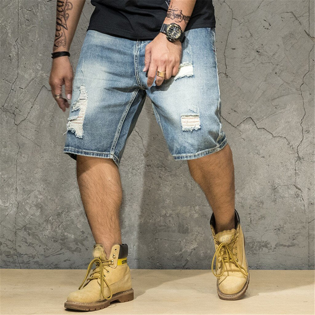 Plus Size 6XL Men's Holes Jean Shorts Ripped Knee Length Short Cotton Male Straight Denim Short Casual Summer Short Masculino 3#