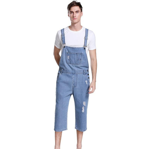VERTVIE 2018 Men's Casual Summer Denim Bib Pants Overalls For Male Short Knee Length Hole Ripped Jeans Homme Loose Jumpsuits