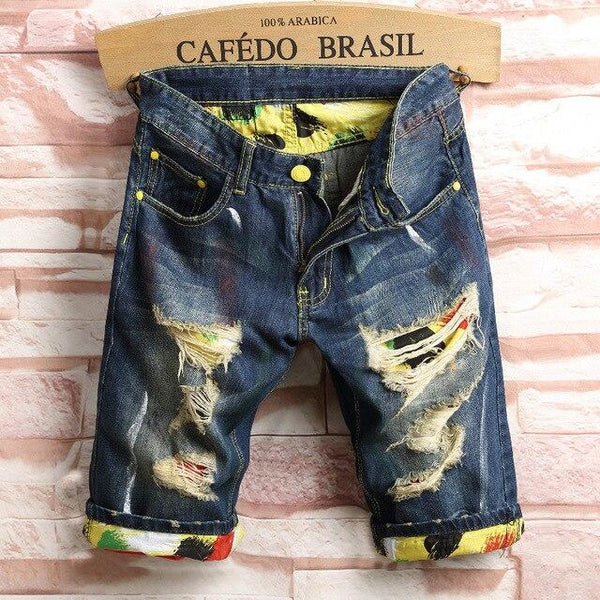 Mens Casual Ripped Crimping printing Short Jeans 2019 male Summer Clothing broken hole Breathable stright Denim Shorts Male