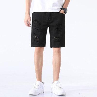 White & black Men Ripped Bermuda Summer Jeans Short Brand Clothing Streetwear Knee holes Male Casual Straight Denim shorts