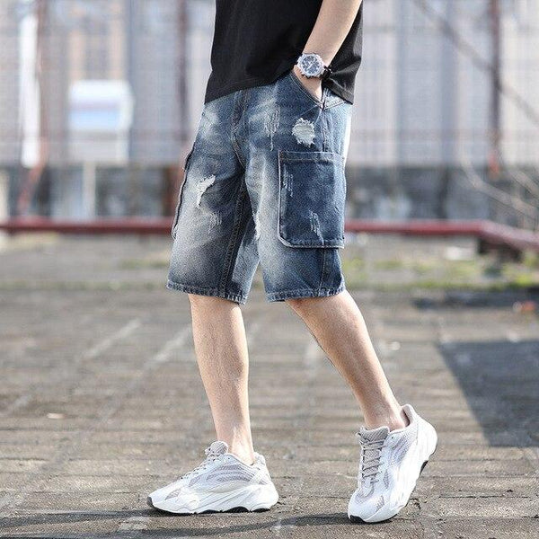 Keen Length Ripped Jeans Bermuda Trousers Short Men Denim Pants With Side Thigh Pockets Casual Scratches Broken Holes Jean