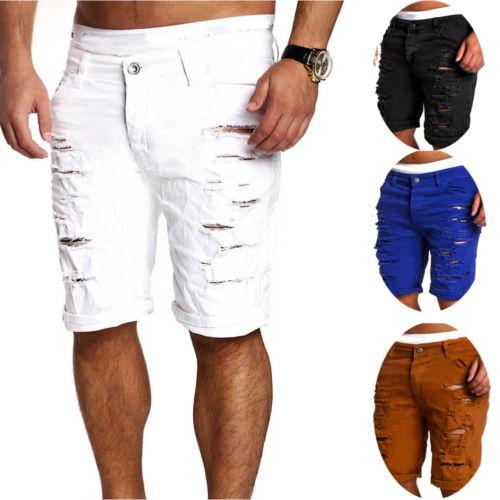Trendy Men Retro Stretchy Skinny Distressed Short Knee Shorts Ripped Denim Male Knee Length Casual Shorts
