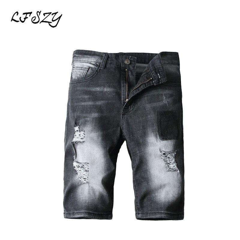 2019 New trend Personality Modis Men's Denim Shorts High street Hole Straight Five points Denim shorts Ripped jeans for men