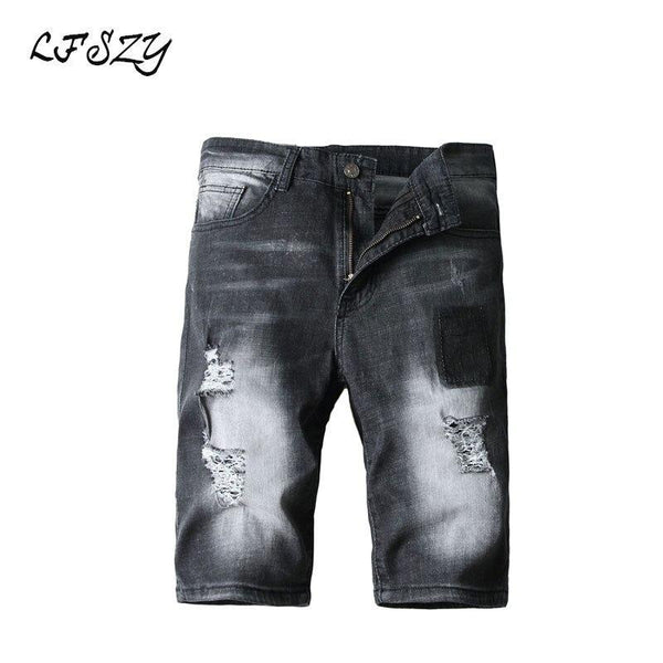 2019 New trend Personality Modis Men's Denim Shorts High street Hole Straight Five points Denim shorts Ripped jeans for men
