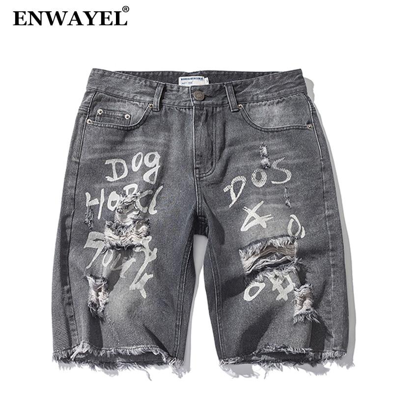 ENWAYEL Summer Letter Print Cotton Casual Jeans Shorts Men Hole Ripped Distressed Straight Short Denim Male Hip Hop Streetwear