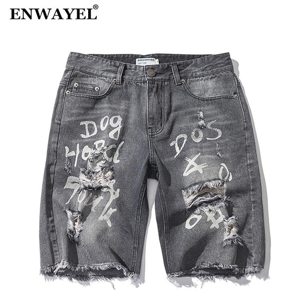 ENWAYEL Summer Letter Print Cotton Casual Jeans Shorts Men Hole Ripped Distressed Straight Short Denim Male Hip Hop Streetwear