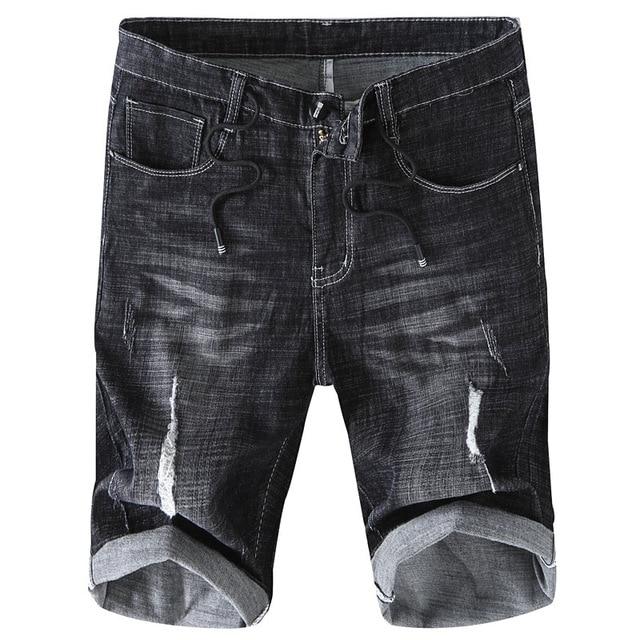 New Summer Ripped Denim Shorts Men Fashion Cotton Casual Biker Shorts Ruched Short Jeans Male Zipper Fly Black Gray Stretch Pant