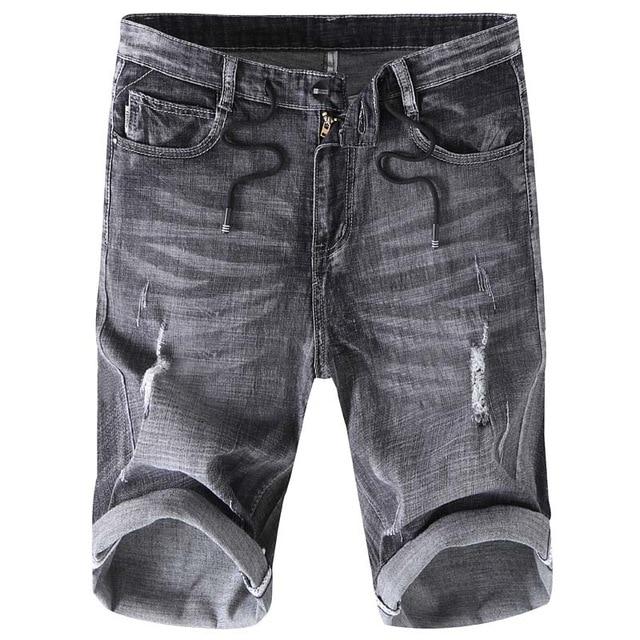 New Summer Ripped Denim Shorts Men Fashion Cotton Casual Biker Shorts Ruched Short Jeans Male Zipper Fly Black Gray Stretch Pant