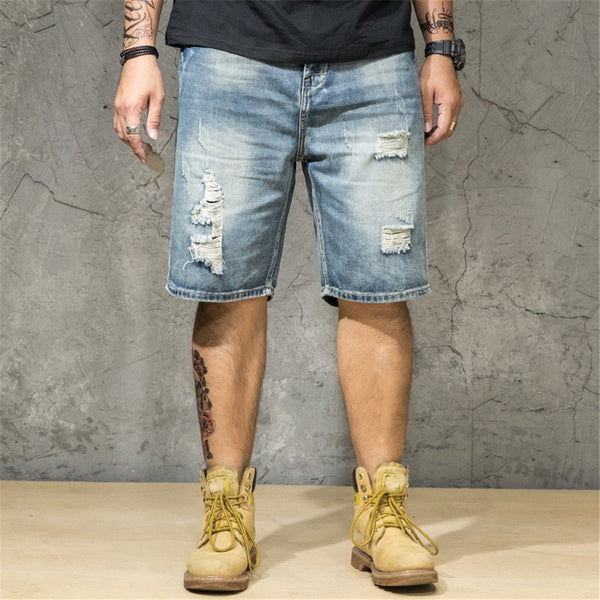 2019 Summer Men's Ripped Denim Shorts Hole Pop Streetwear Male Jeans Thin hole Frayed Male knee length Jeans