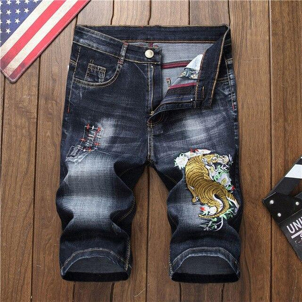 Men's Knee Length Dragon Embroidery Ripped Jeans Shorts Plus Size Magpie Embroidered Patches Slim Straight Denim Jeans
