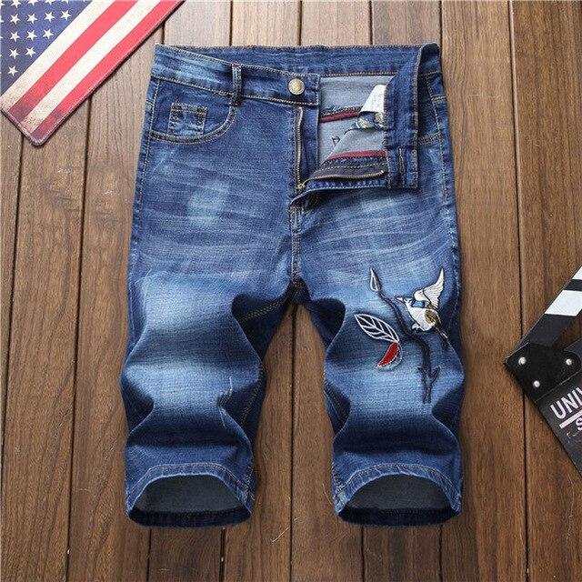Men's Knee Length Dragon Embroidery Ripped Jeans Shorts Plus Size Magpie Embroidered Patches Slim Straight Denim Jeans