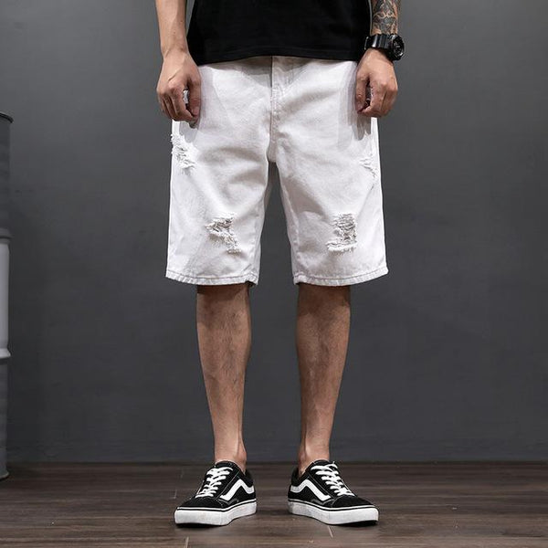 Summer New Arrival White Denim Shorts Mens Loose Ripped Hole Casual Jeans Shorts High Street Harem Jean bermuda homme Big size