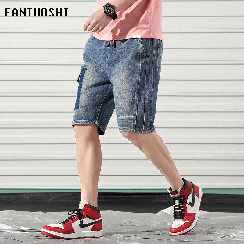 2019 Summer New Men's Denim Shorts Solid Fashion Straight Slim Elastic waist Cotton Blue Wash Ripped Jeans Male Brand Clothes