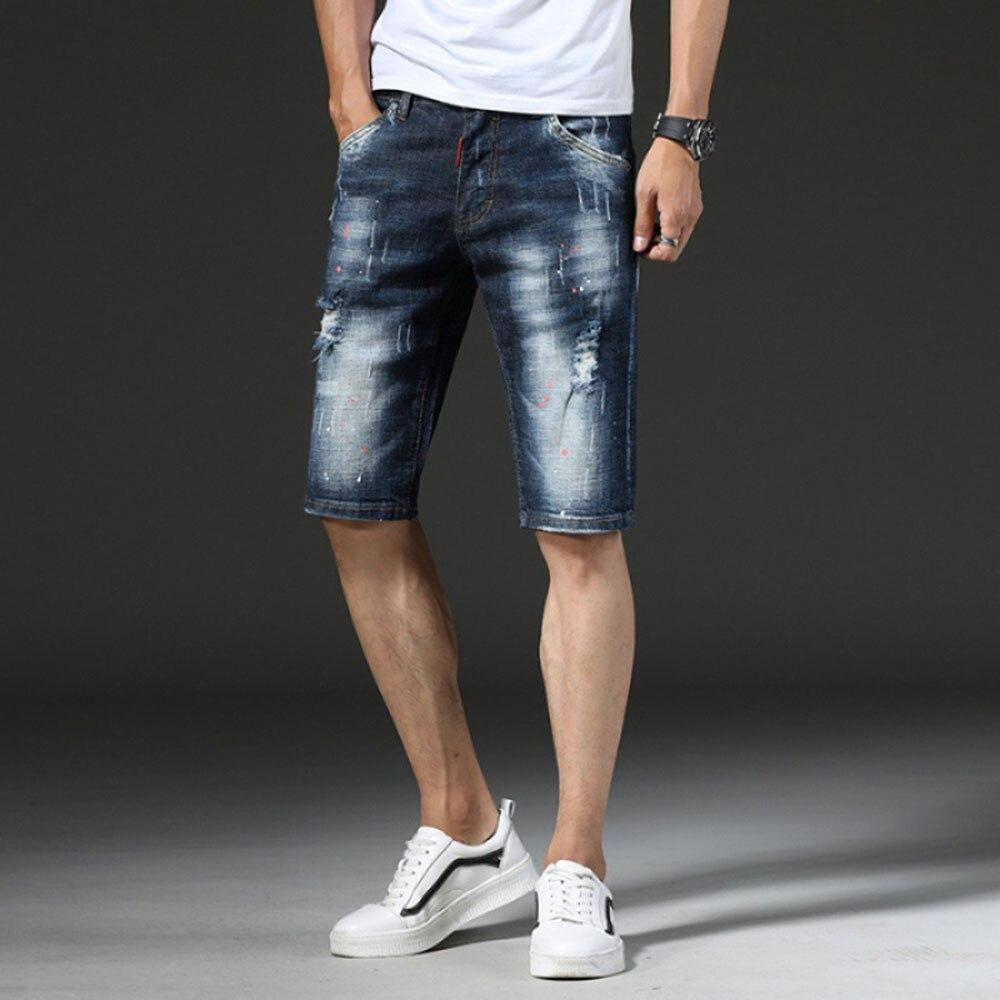 AudWhale Summer Shorts Jeans Men Low Waist Ripped Men's Denim Shorts Solid Knee Length Jeans Shorts