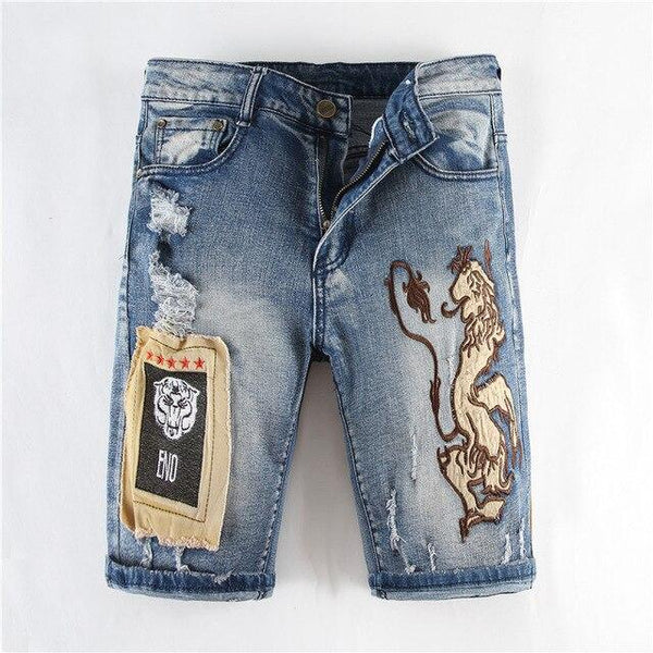 Animal Lion Embroidery Jean Shorts Men 2019 Summer Ripped Denim Short Pants Male Patchwork Streetwear Men's Shorts Hip Hop Short