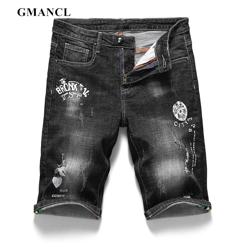 Men Loose Ripped Letter printed Casual Beach Bermuda Jeans Short male Cotton Holes Straight Summer Denim Brand Clothing shorts