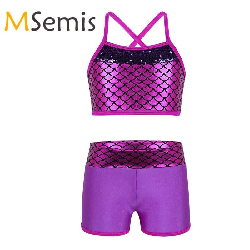 Tankini Swimsuit for Kids Girls Swimsuit Gymnastics Outfit Sequins Mermaid Swimming Suit Tank Top Set with Shorts Swimwear