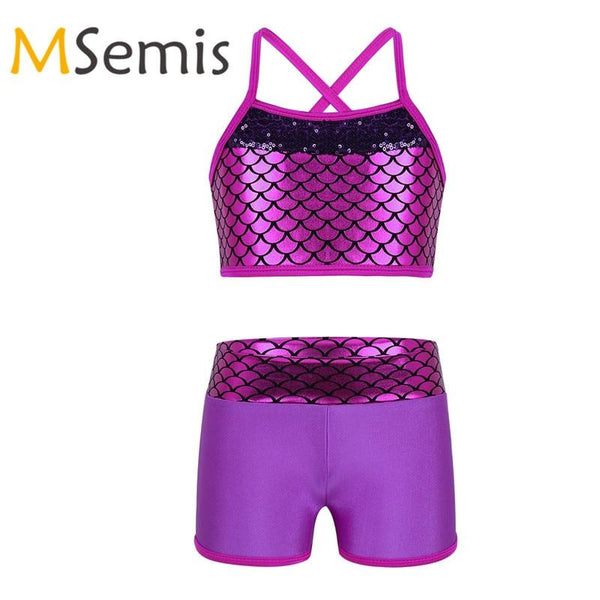 Tankini Swimsuit for Kids Girls Swimsuit Gymnastics Outfit Sequins Mermaid Swimming Suit Tank Top Set with Shorts Swimwear