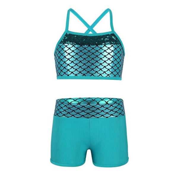 Tankini Swimsuit for Kids Girls Swimsuit Gymnastics Outfit Sequins Mermaid Swimming Suit Tank Top Set with Shorts Swimwear