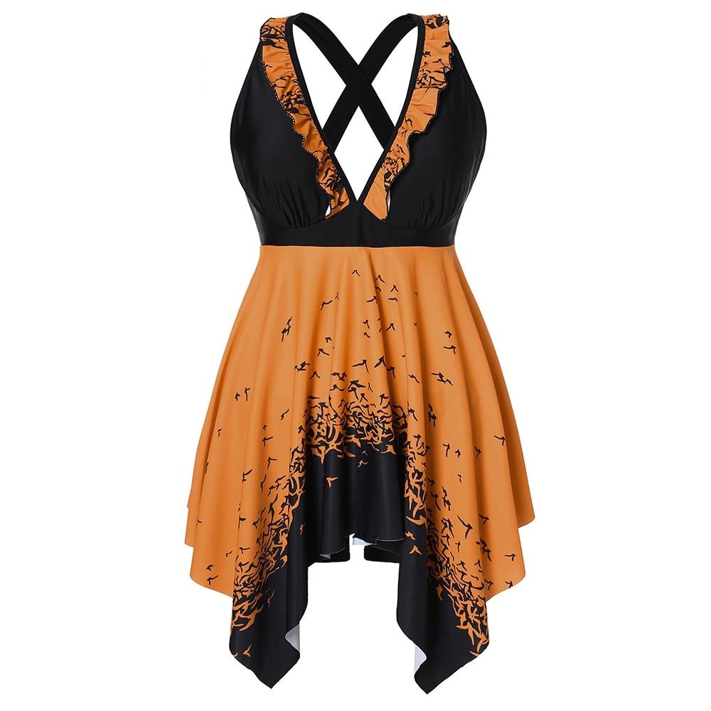 Plus Size Criss Cross Printed Skirted Women Set Handkerchief Top Two Piece Sets Summer Beachwear Tankini Set Wire Free