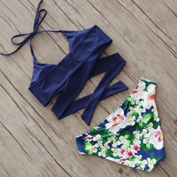 2018 Padded Bra Bikini Set Solid Tankini Top Print Bottom High Waist Swimsuit Women Cross Push-up Triangle Swimwear Bathing