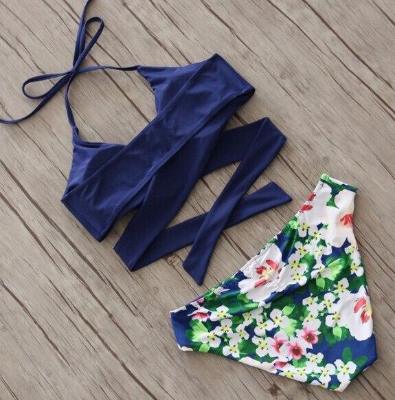 2018 Padded Bra Bikini Set Solid Tankini Top Print Bottom High Waist Swimsuit Women Cross Push-up Triangle Swimwear Bathing