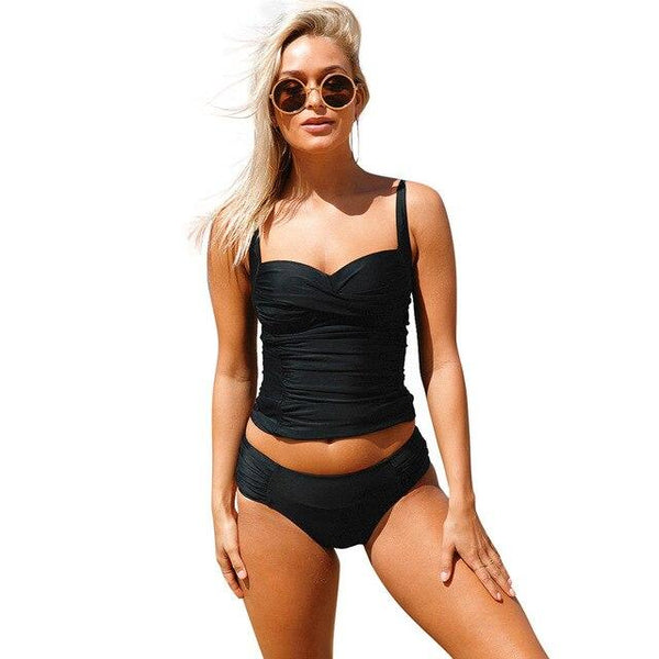Ruched Push Up Two Piece Bathing Suit Vest Tankini Top with Swim Bottom High Elasticity Beach Swimwear