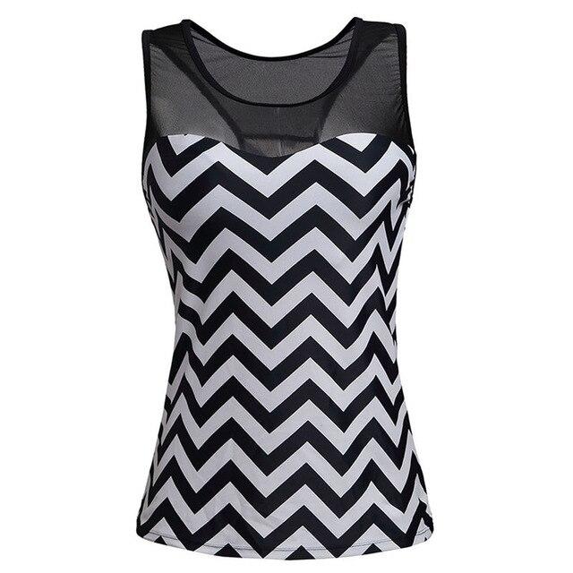 Women Swimwear Black White Zigzag Print Mesh Splice Tankini Top Sexy 41970 Swimsuit Plus Size Bathing Suit Tops