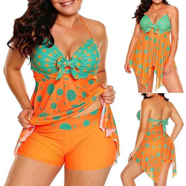 Plus Size Swimwear 2019 Womens Sexy Halter Patchwork Dot Open Back Tankini Top Set Two Piece Swimsuits