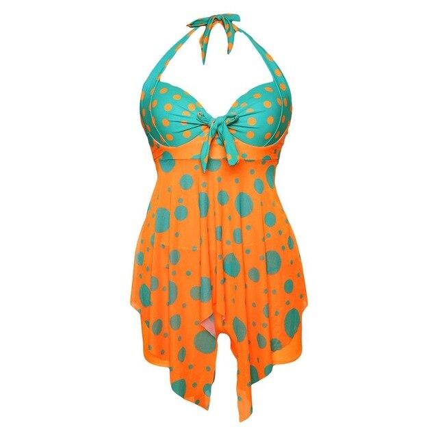 Plus Size Swimwear 2019 Womens Sexy Halter Patchwork Dot Open Back Tankini Top Set Two Piece Swimsuits