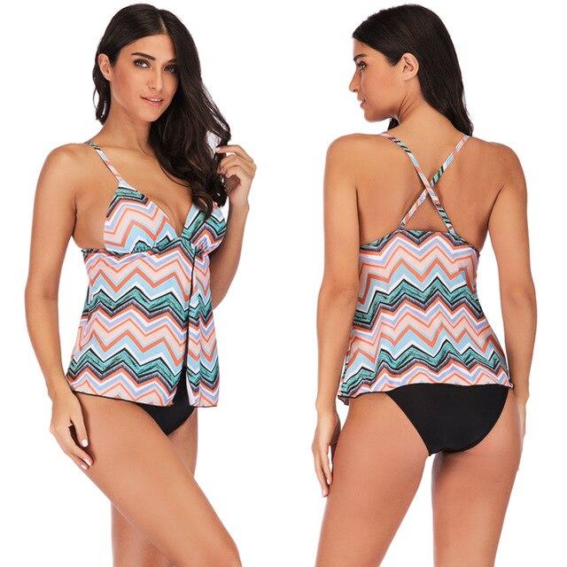 New Summer Womens Printing Tankini Top with Bikini Bottom Plus Size Swimsuit 2PCS Swimwear