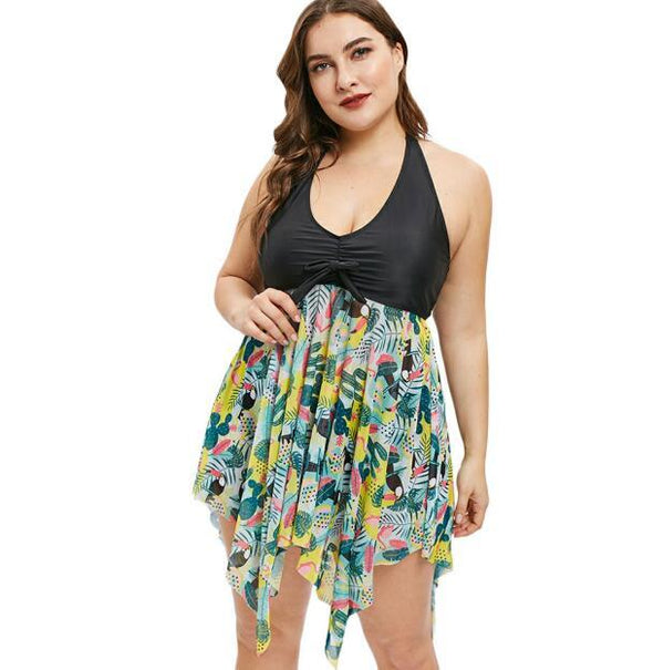 Plus Size Swimwear Women Swimsuit Female Bathing Suit Beachwear Push Up Tankini Top Trunks Printed Halter Tankini Set