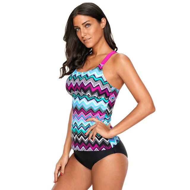 PLUSLAND TANKINI Summer Sexy Women Zigzag Print Y Back Tankini Top Square Neckline Plus Size Two-Piece Separates Bathing Suits