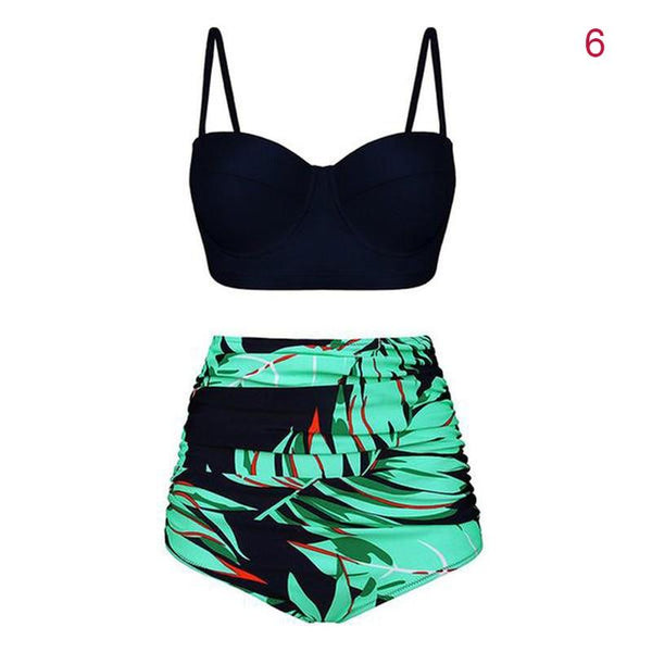 Women High Waist Tankinis Top with Pants Strappy Crop Tops Print Slim Fit Shorts Swimsuit HSJ88