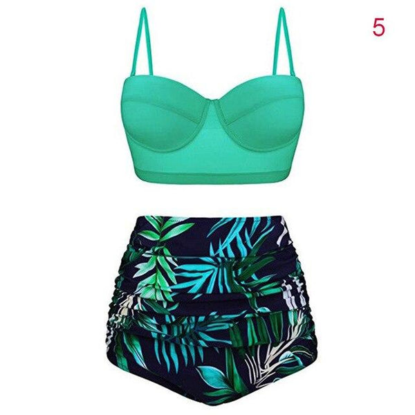 Women High Waist Tankinis Top with Pants Strappy Crop Tops Print Slim Fit Shorts Swimsuit HSJ88