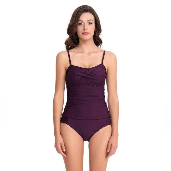 Ladies Best Two Pieces Swimwear Ruched Tankini Top With Triangle Bottoms No Underwire Soft Bra Support Adjustable Shoulder Strap