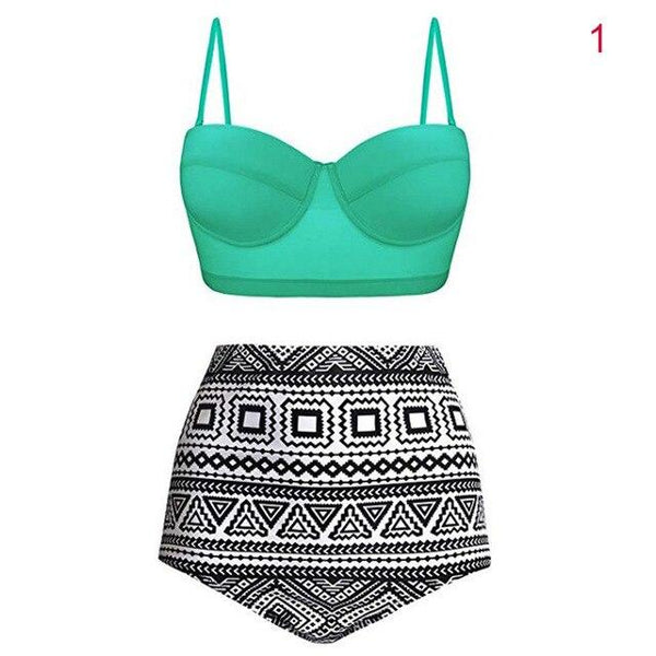 Women High Waist Tankinis Top with Pants Strappy Crop Tops Print Slim Fit Shorts Swimsuit JS25