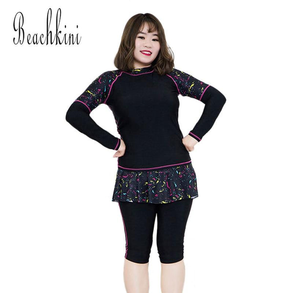 Large Size Swimwear Rash Guard Sport Swimsuits For Women Long Sleeve Tankini Top With Boyshorts Bathing Suit Surfing Wear 6XL
