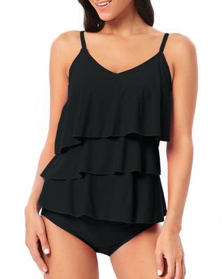 Sexy Two Piece Swimsuits For Women V-Neck Tiered Ruffle Tankini Tops With Brief Swimwear Bathing Suits Tummy Control Bikini Set