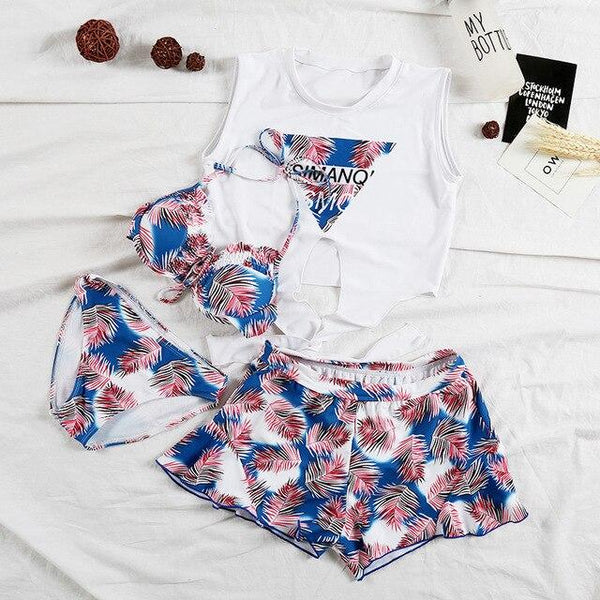 Two Piece Tankini Swimwear Solid Swimsuit Tankini Tops Girl Korean Underwire Four Piece Spandex 2019 Female Swimming Suit For