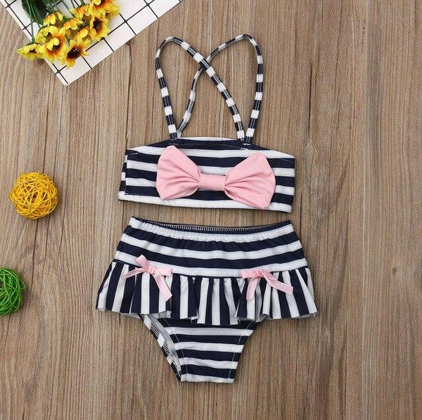 Toddler Kid Baby Girl Swimsuits Striped Swimwear Tankini Bow Top Pants Beachwear Strap Bathing Suit Outfit Girls Bikini Set