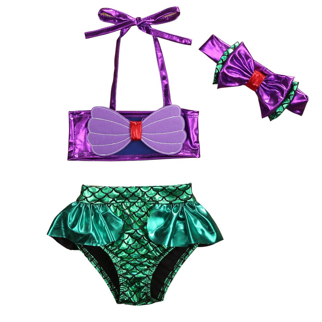 Kids Baby Girls Mermaid 3pcs Bathing Suit Swimsuit Swimwear Halter Bowknot Tankini Bikini Tops Green Shorts Headwear Beachwear