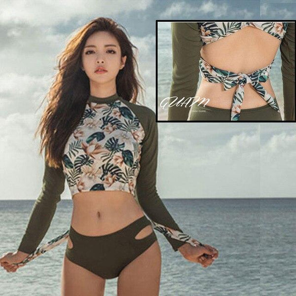 Women's Swimsuit Floral Leaf Printed Long Sleeve Rashguard Tankini Crop Top Rash Guard Two-Pieces Bikini Swimsuit Sun Protect