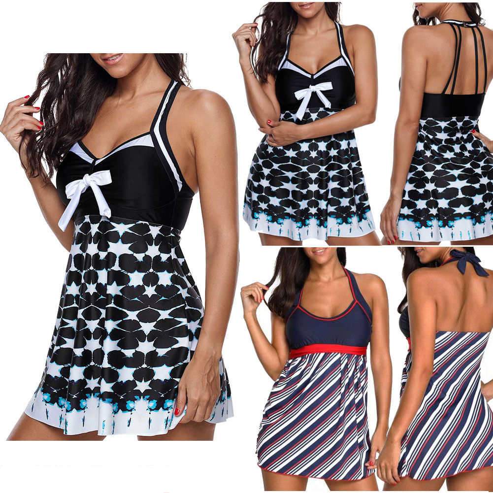 Plus Size Women's Swimsuits Two-Piece Suits Female Bralette Tankini Dress Top With Briefs Striped Swimwear Bathing Suit
