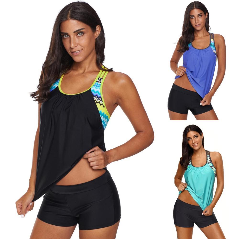Two Pieces Swimsuit Women Push Print Insert Racerback Tankini Set Top with Shorts Bikini Female Beach Swimwear LC411023