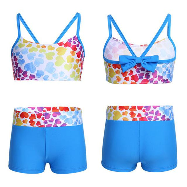 2PCS Cute Kids Girls Beachwear Tankini Heart-shaped Pattern Bowknot Back Swimsuit Swimwear Bathing Suit Set Tops with Bottoms