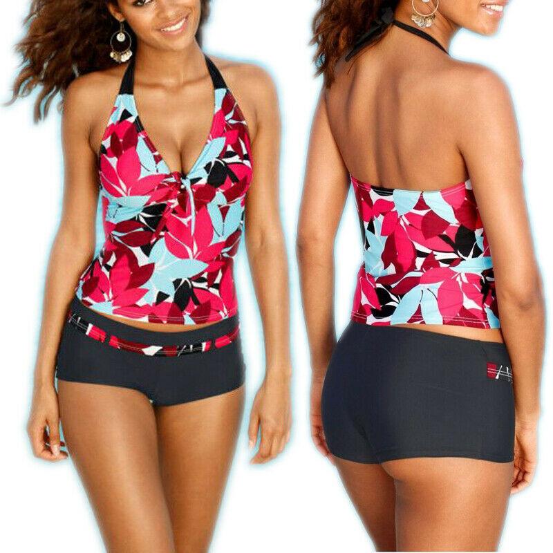 Womens Sexy Tankini Sets Halter Sleeveless Tops + Shorts Bikini Swimsuit Bathing Swimwear 2pcs Outfits Set Beach Wear