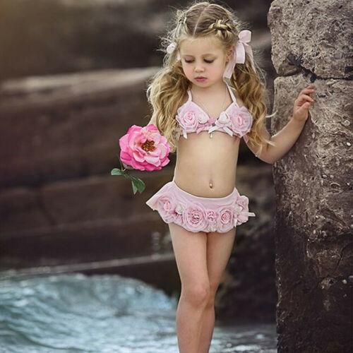 2Pcs Lovely 3D Floral Swimsuit Toddler Girl Bandage Tankini Halter Bandeau Swimwear Top Low Waist Bathing Suit Kids Beachwear