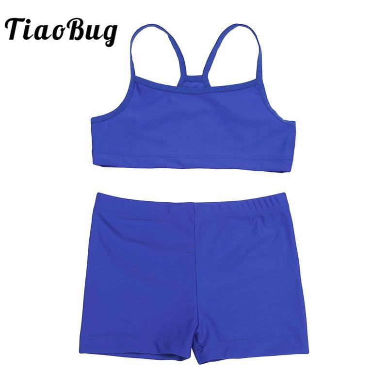 TiaoBug Kids Girls Tankini Crop Top with Bottoms Shorts Sports Set Children Gymnastics Workout Swimming Beachwear Swimwear Set
