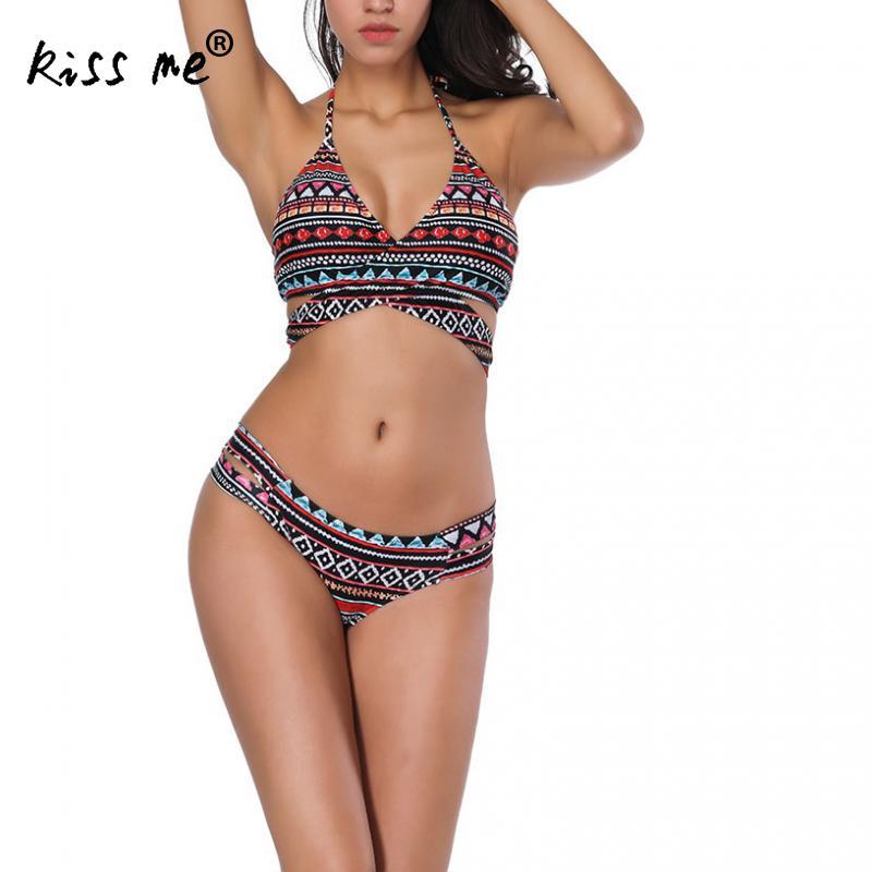 Two Piece Swimsuit Backless Sexy Tankini Set Halter Top Padded Printed Folk Style Beach Wear Bathing Suit Summer Swimming Suit